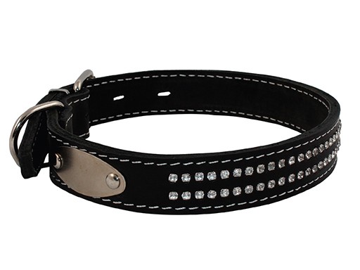 Ошейник кожаный двойной со стразами ширина 15мм 